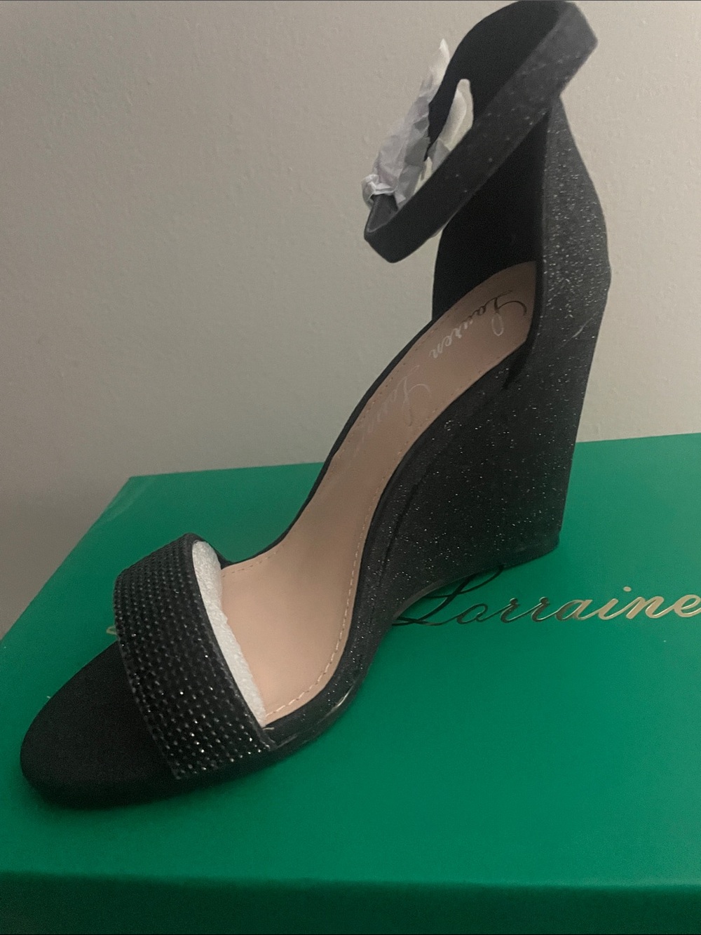 Lauren Lorraine Black Glitter Ankle-Strap Wedge Sandals